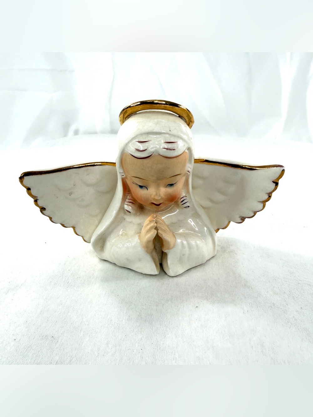 Antique 1950s Ardalt Angel Figurine Praying Halo Gold Accents Japan Sticker  1